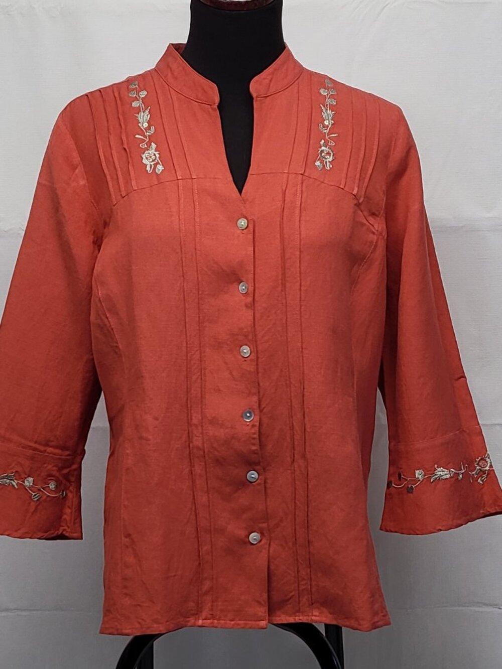 Emma James Womens Top Linen Rayon Size 14 Petite Embroidered Button Front Blouse
